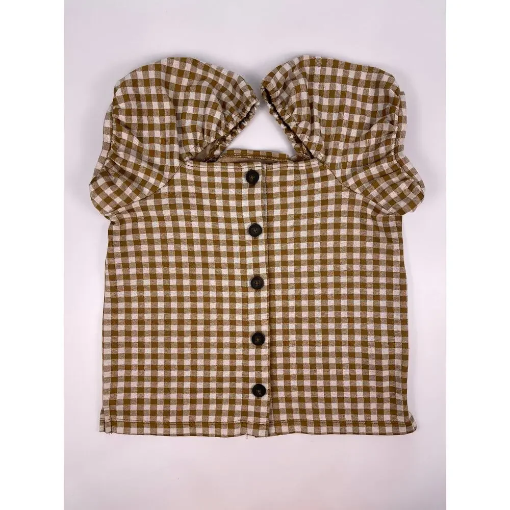 Madewell Brown Gingham Puff Sleeve Button Front Blouse Size XS Cottagecore